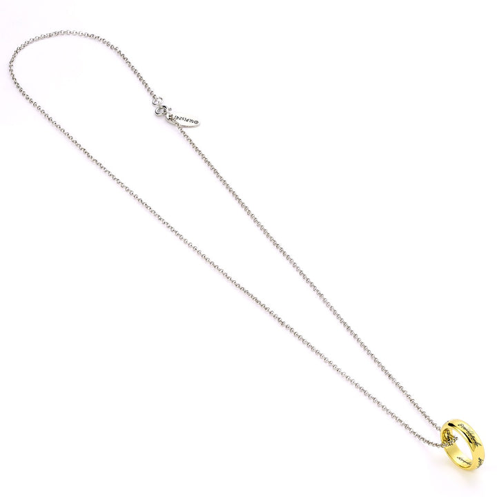 Lord of the Rings necklace featuring a gold One Ring on a silver chain, perfect for fans of Middle-earth.