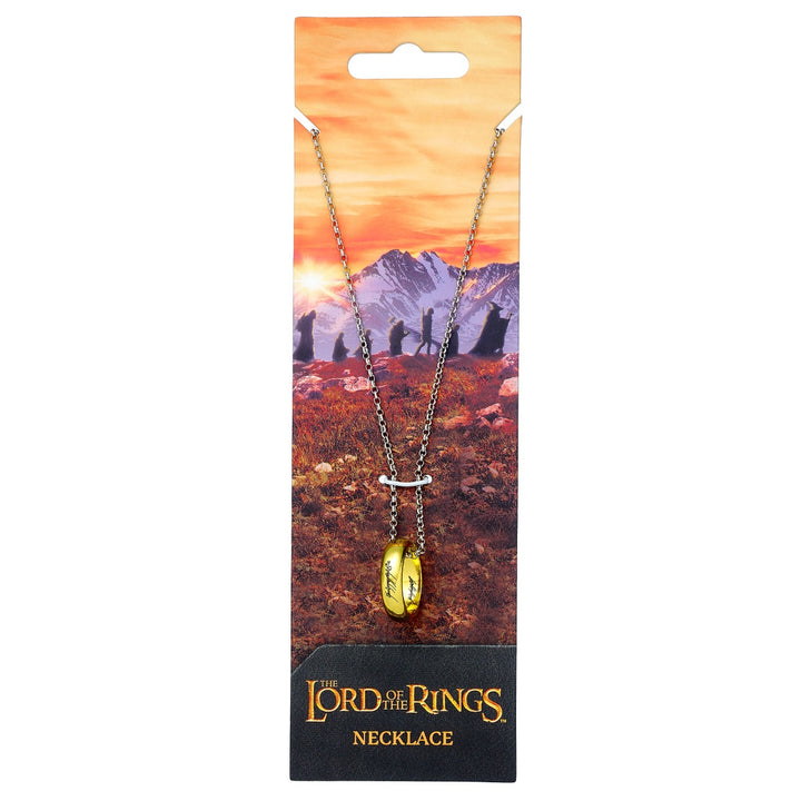 The Lord of the Rings necklace with One Ring pendant displayed on a vibrant card packaging.