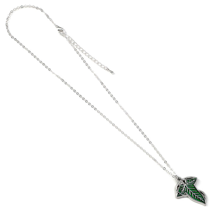 Lorien necklace from The Lord of The Rings with silver chain and green enamel leaf pendant.