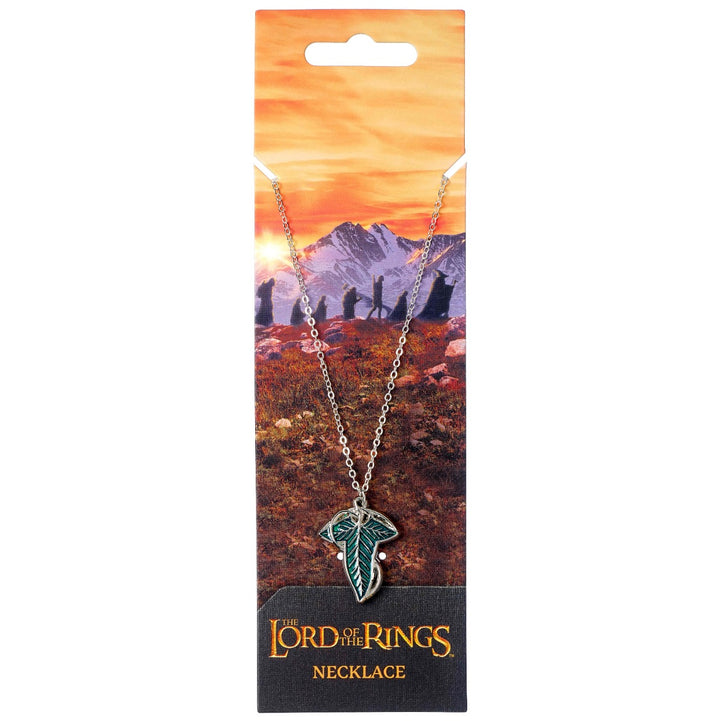 The Lord of The Rings The Leaf of Lorien Necklace displayed in packaging with scenic background, featuring a beautiful Lorien necklace from The Lord of The Rings.