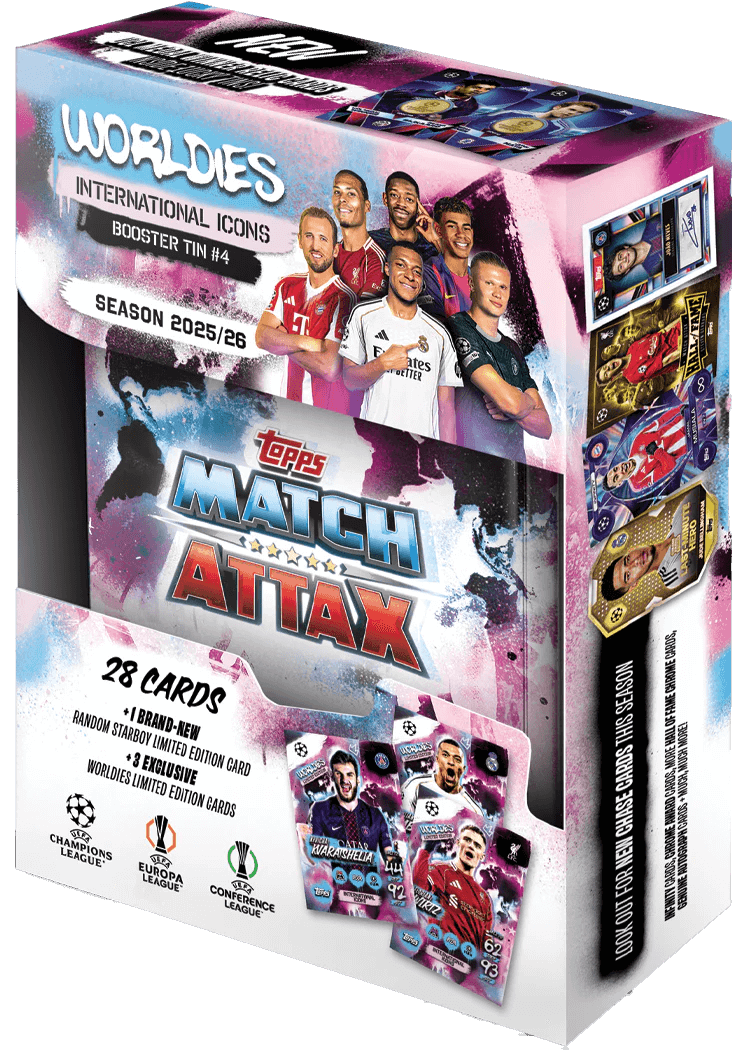 Match Attax 25/26 - Booster Tins featuring international icons and 28 collectible cards.