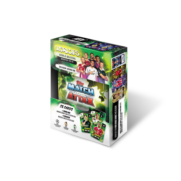 Match Attax 25/26 - Booster Tins featuring world class players and 28 collectible cards packaging.