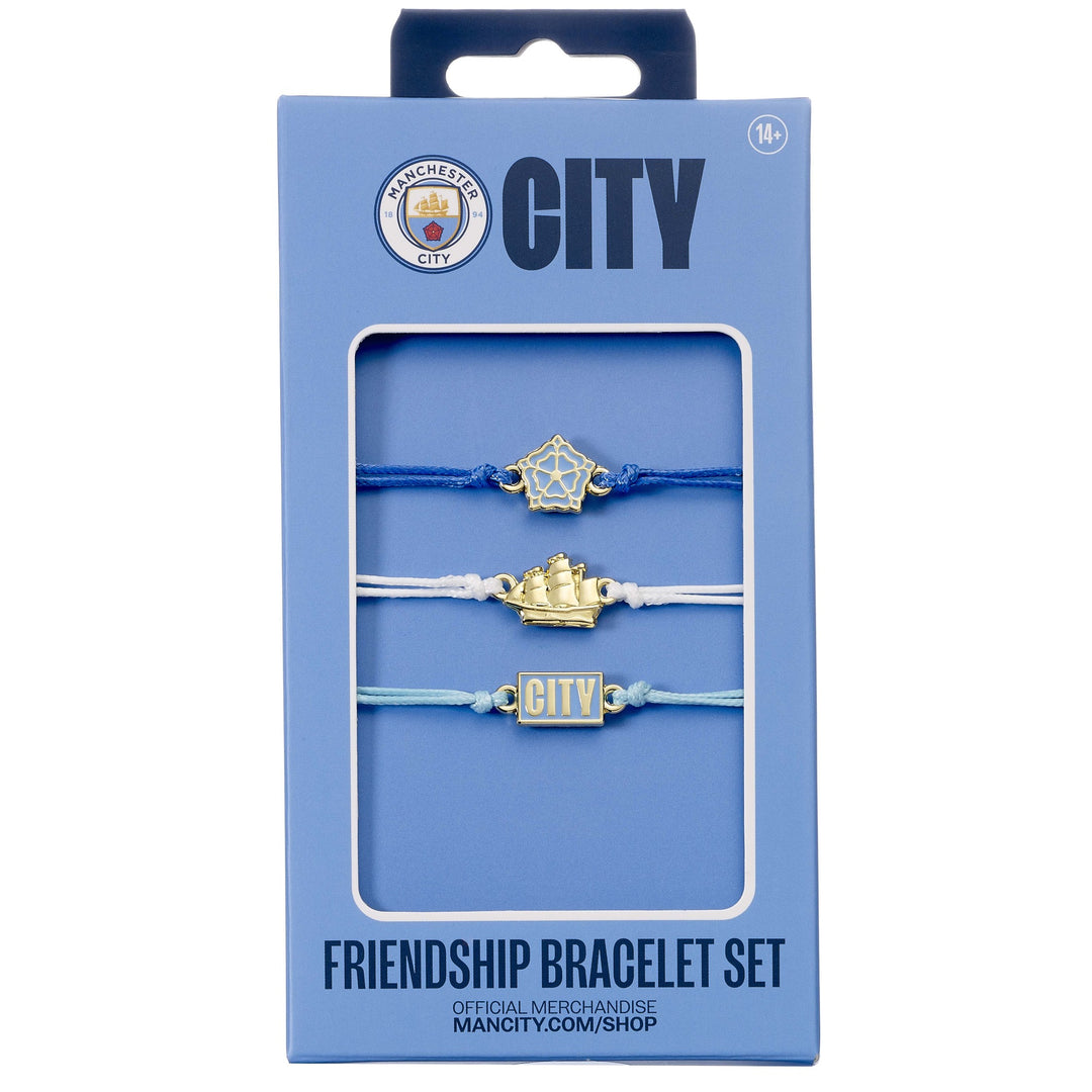 Manchester City friendship bracelet set featuring three adjustable cord bracelets with team charms.