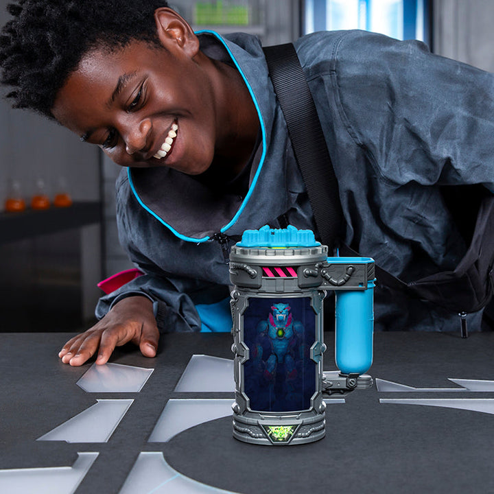Kid interacting with MrBeast Lab Mutators Chamber - Iconic Panther, showcasing creativity and excitement in experimentation.
