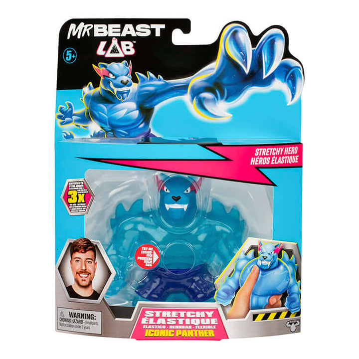 MrBeast Lab Goo Jit Zu Iconic Panther in packaging showcasing stretchy hero toy for kids.