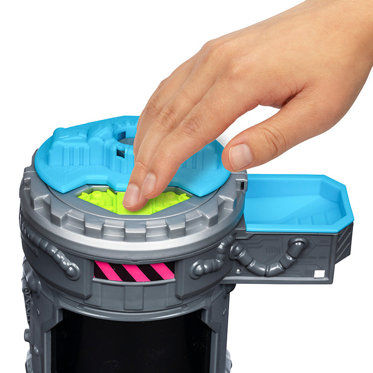 MrBeast Lab Mutators Chamber - Iconic Panther hand pressing button on top of the colorful action figure chamber.