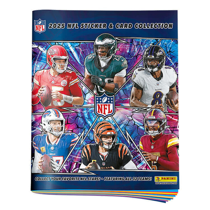 NFL 2025 Sticker & Trading Card Collection showcasing NFL stars from all 32 teams, including exclusive stickers and trading cards.