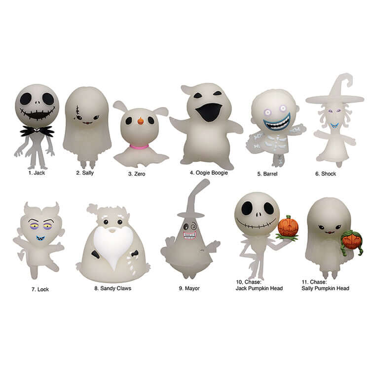 Nightmare Before Christmas Series 8 3D Collectable Keychain featuring Jack, Sally, Zero, Oogie Boogie, and chase figures.