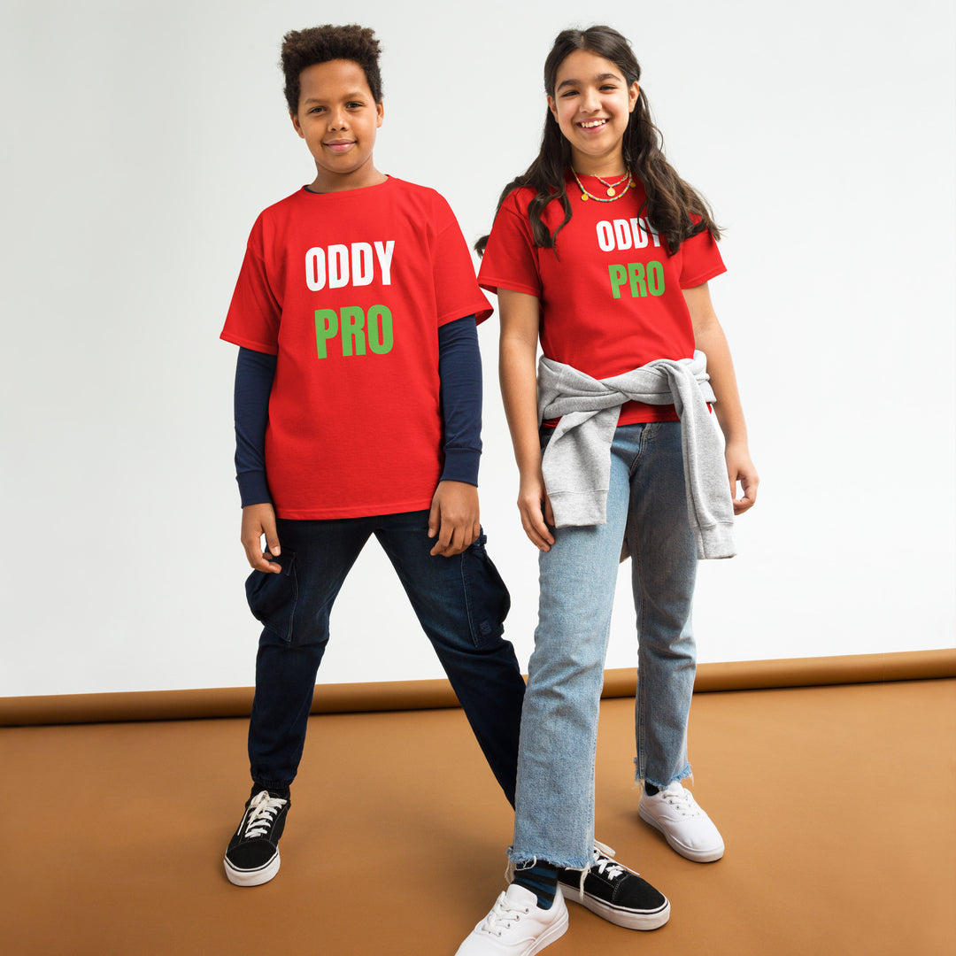 Oddy Pro Youth classic t-shirt worn by children in a studio setting, showcasing quality and style.