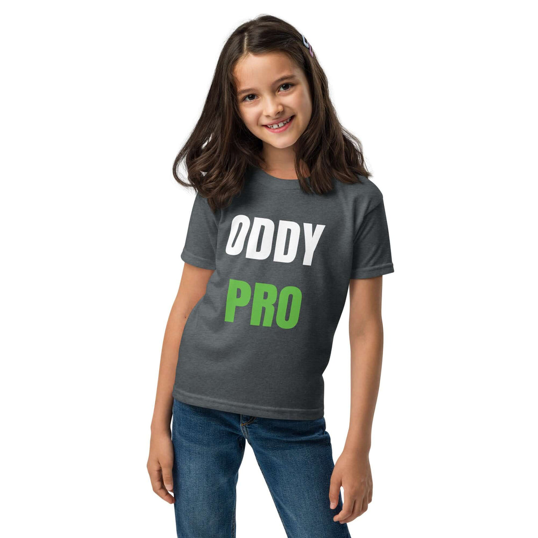 Girl wearing Oddy Pro Youth t-shirt in gray, featuring stylish design for active comfort and modern fit.
