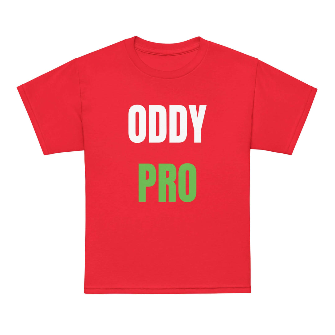 Oddy Pro Youth t-shirt in red with white and green print, perfect for active kids and moisture-wicking comfort.