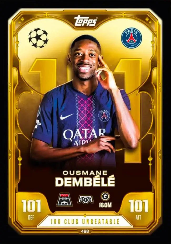Match Attax 25/26 - Starter Pack featuring Ousmane Dembélé, gold card with stats and team logo.