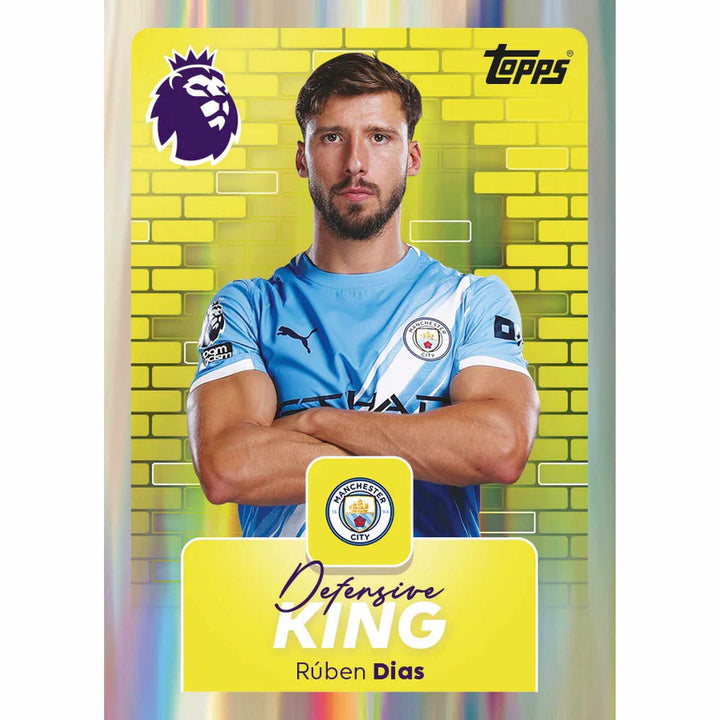 Premier League 2026 Stickers Mini Tin featuring Defensive King sticker of Rúben Dias.