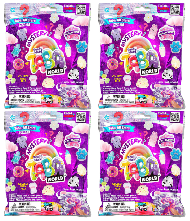 Taba World Ready-Made Mystery Tabas 4 Pack featuring colorful squishies and surprise characters for collectors.