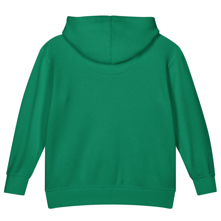 Back view of XP Grinder Toddler fleece pullover hoodie in green, showcasing the cozy fleece fabric and relaxed fit.