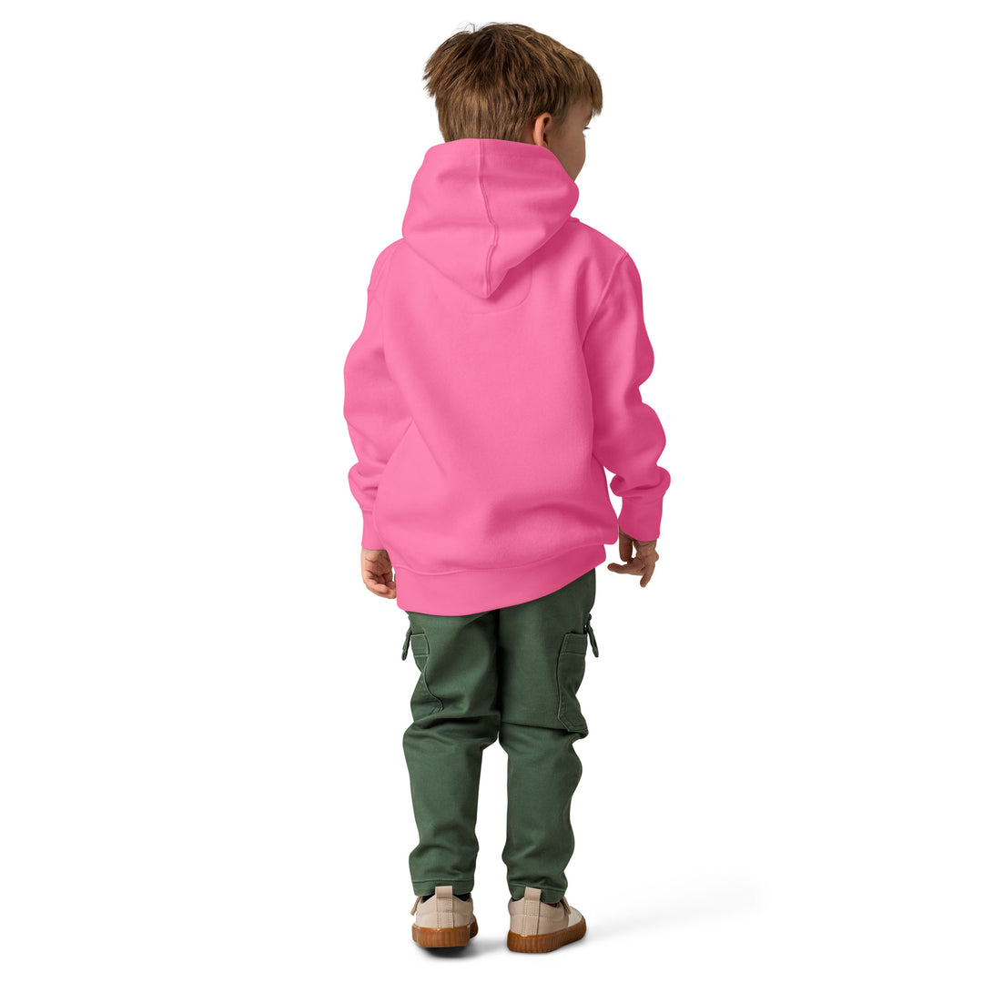 Child wearing XP Grinder Toddler fleece pullover hoodie in pink from the back.