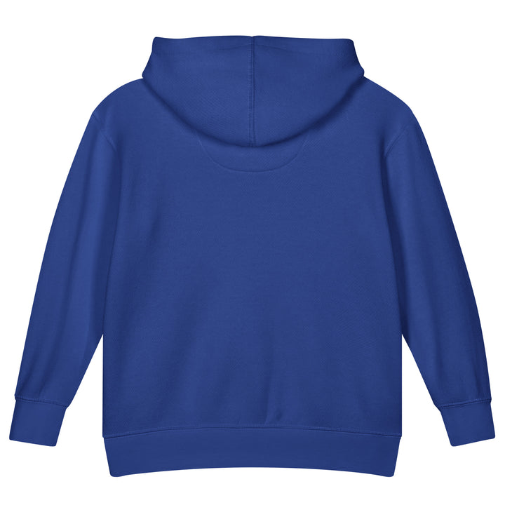 Back view of XP Grinder Toddler fleece pullover hoodie in blue color, showcasing cozy design and relaxed fit.