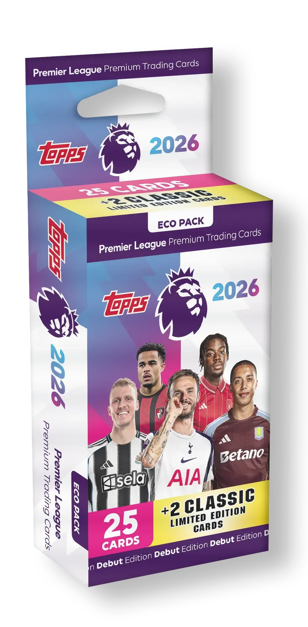 Topps Premier League 2026 Eco Pack containing 25 cards and 2 Classic Limited Edition cards.