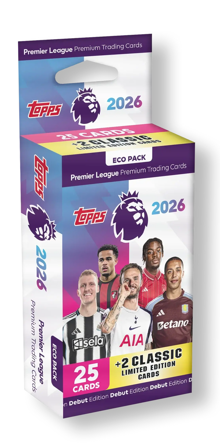 Topps Premier League 2026 Eco Pack containing 25 cards and 2 Classic Limited Edition cards.