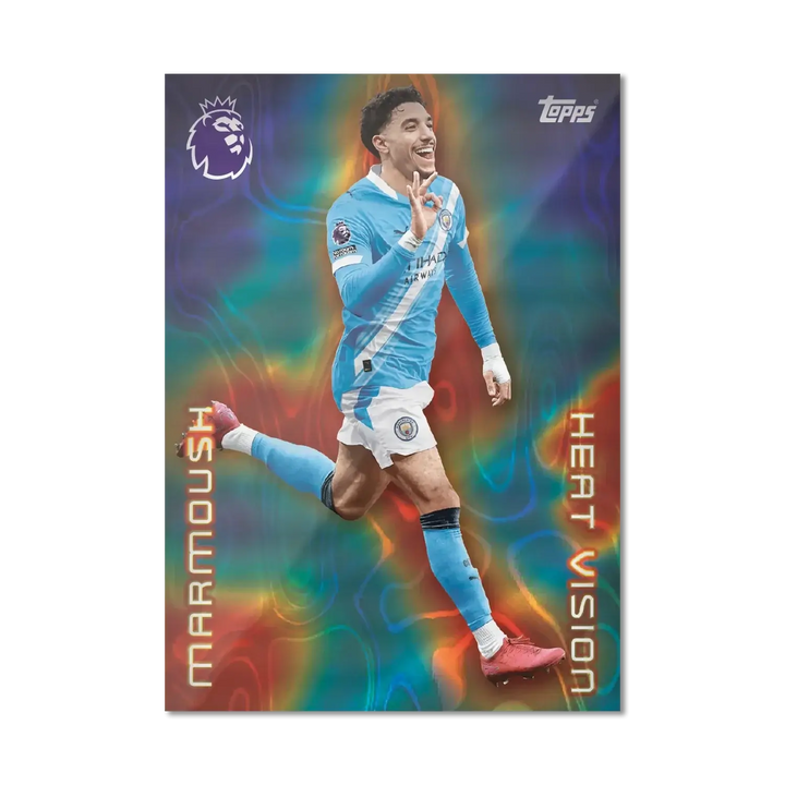 Topps Premier League 2026 trading card featuring Marmoush in Heat Vision style with vibrant colors.