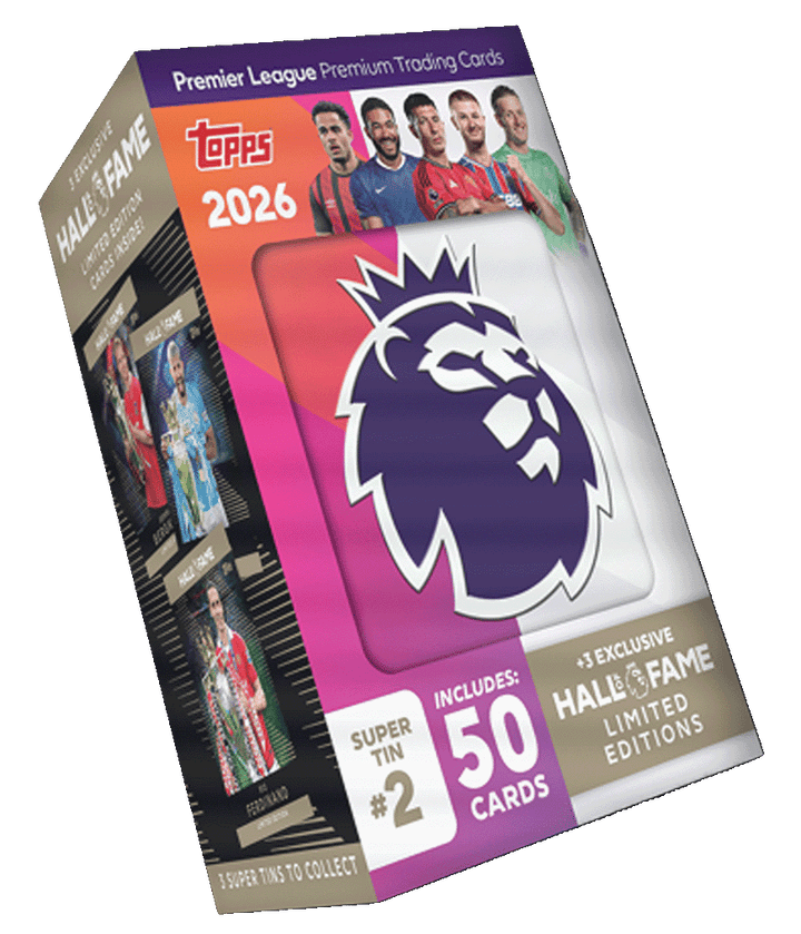 Premier League 2026 Super Tin by Topps, featuring 50 cards and Hall of Fame limited editions.