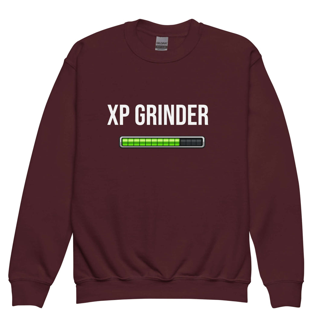 XP Grinder Youth crewneck sweatshirt in maroon with a graphic loading bar design.