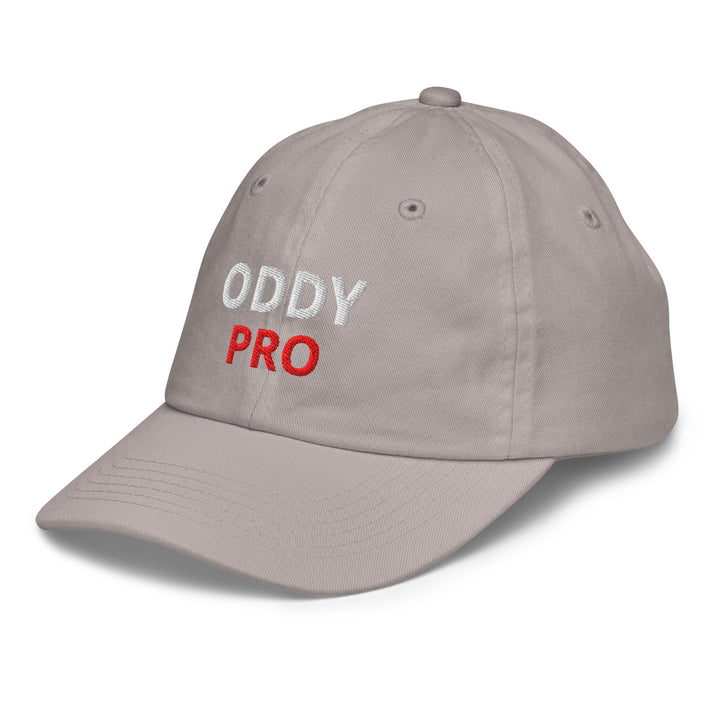 Oddy Pro Youth baseball cap in gray with embroidered logo, designed for comfort and sun protection during outdoor activities.