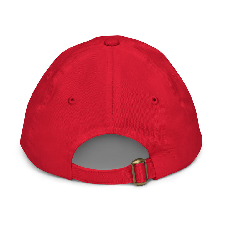 Back view of Oddy Pro Youth baseball cap in red with adjustable strap and eyelets for breathability.