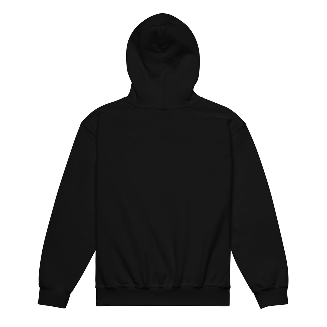 Back view of XP Grinder Youth heavy blend hoodie in black, showcasing the minimalist design and cozy fit.
