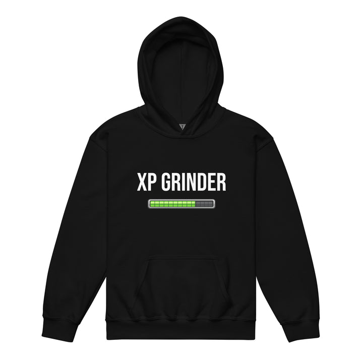 XP Grinder Youth heavy blend hoodie featuring a progress bar design on a black background.