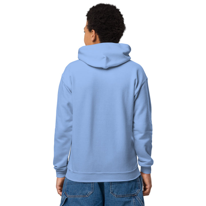 Back view of Oddy Pro Youth heavy blend hoodie in light blue, showcasing the design and hood details.