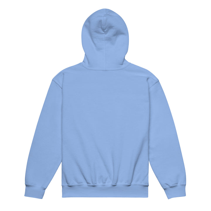 Back view of XP Grinder Youth heavy blend hoodie in light blue, showcasing its soft, durable fabric and cozy design.