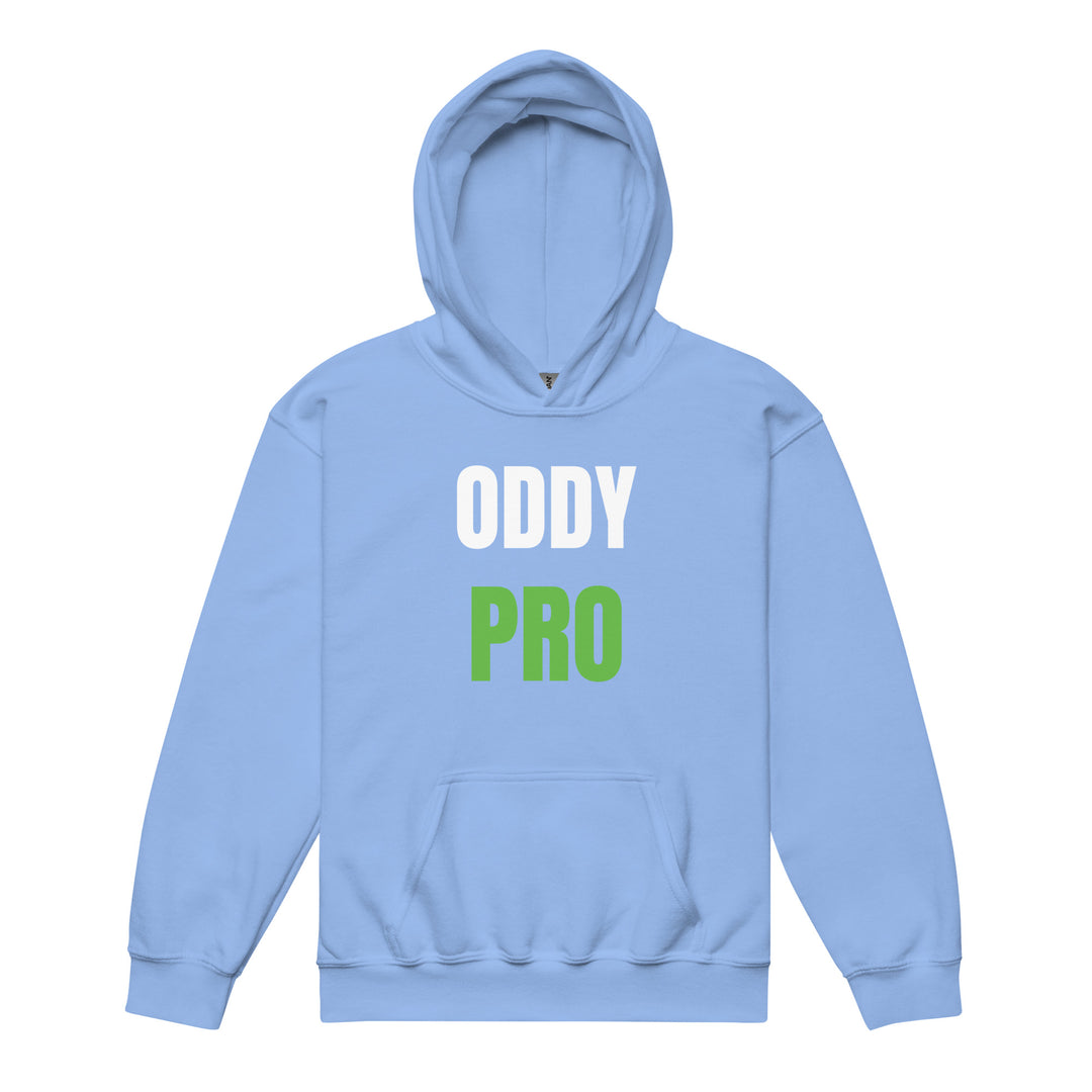 Oddy Pro Youth heavy blend hoodie in light blue with white and green lettering
