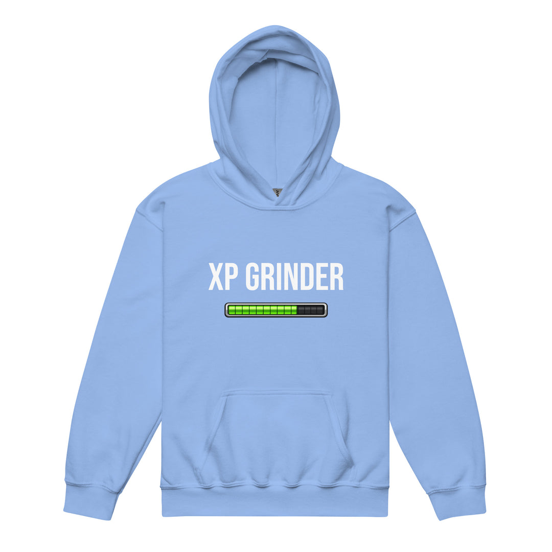 XP Grinder Youth heavy blend hoodie in light blue with graphic design and front pouch pocket.
