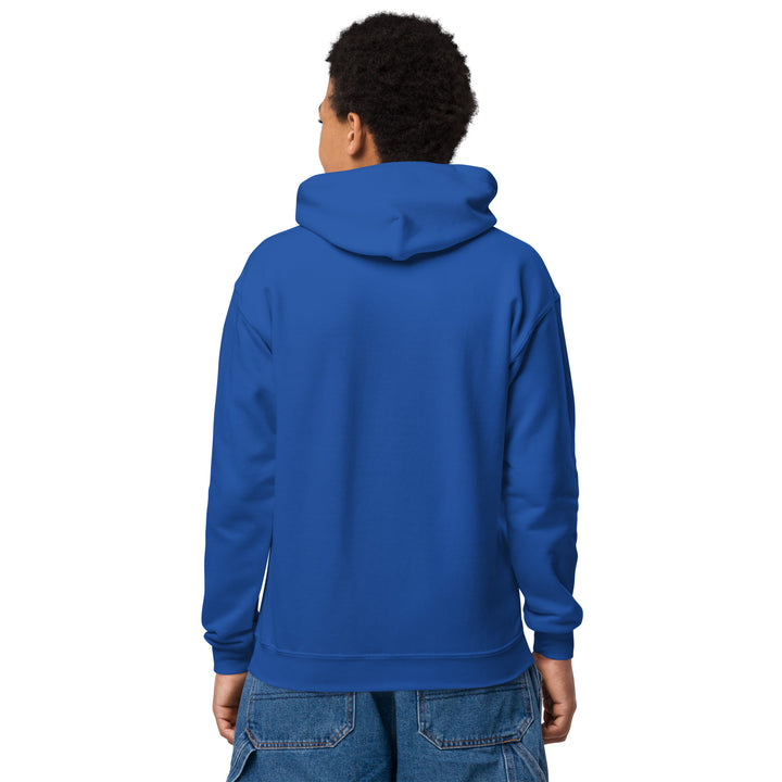 Back view of a youth wearing the Oddy Pro Youth heavy blend hoodie in blue color.