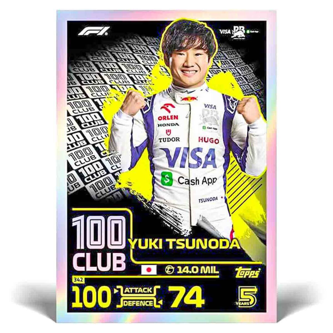 Turbo Attax Official Formula 1 Trading Card Game 2024 featuring Yuki Tsunoda 100 Club card with stats.