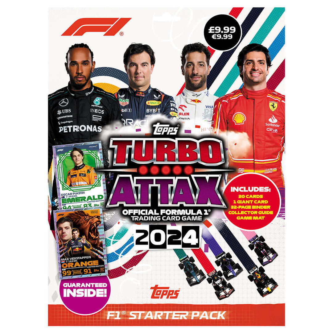 Turbo Attax Official Formula 1 Trading Card Game 2024 Starter Pack featuring F1 drivers and card details on the cover.